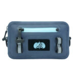 Navy waterproof pouch with fish logo and zippers.