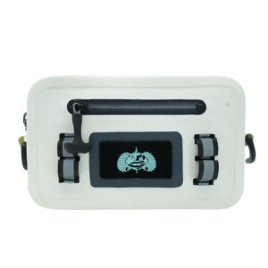 White waterproof bag with fish logo on front.