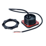 Black electrical component with cables and mounting ring.