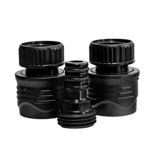 Set of water hose connectors, black plastic.