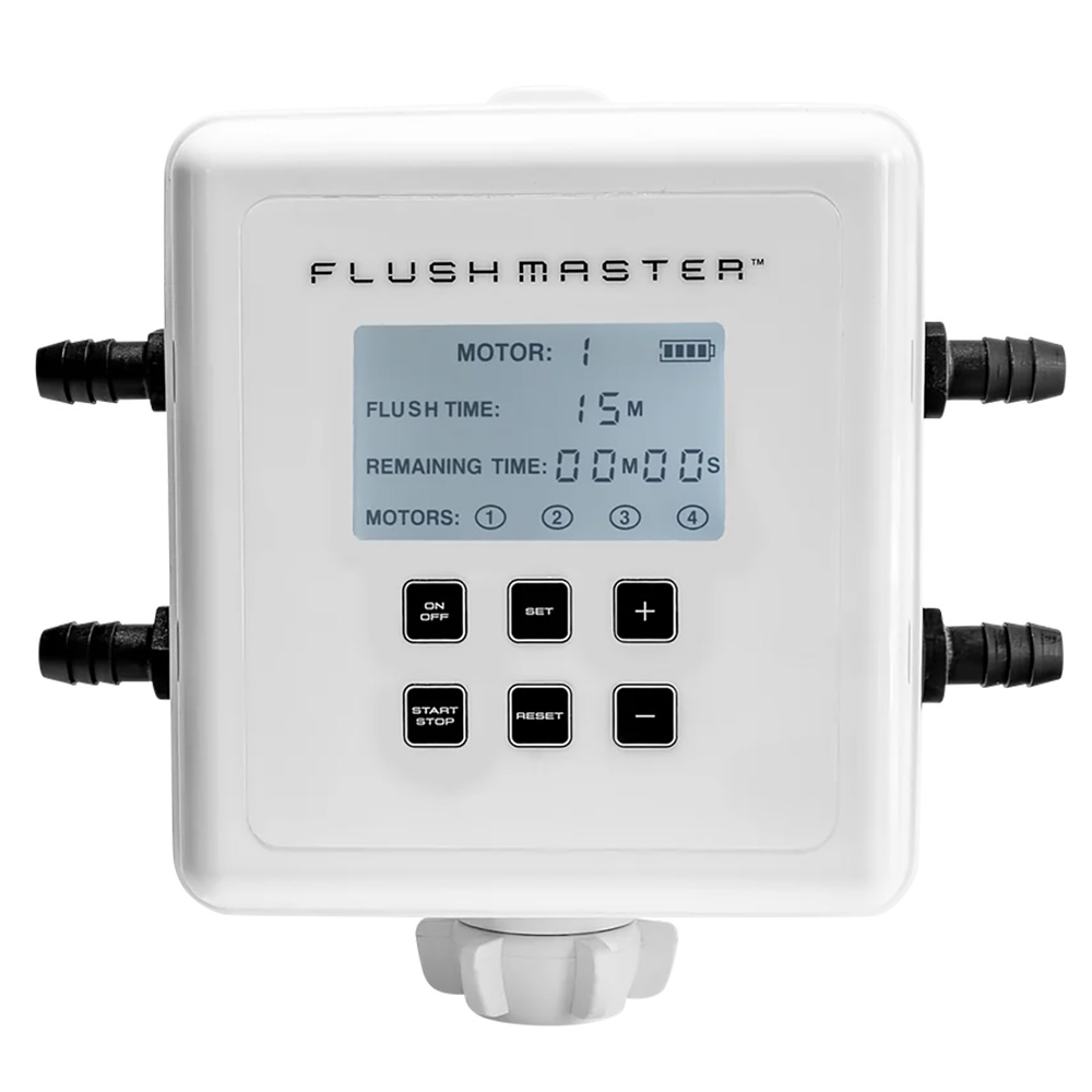 Flushmaster irrigation timer with digital display and controls.