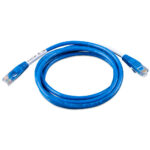 Blue Ethernet cable coiled on white background.