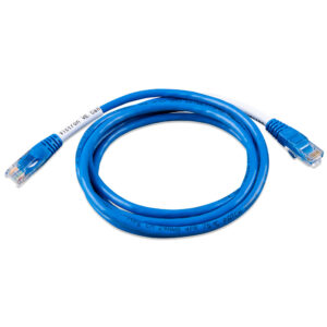 Blue Ethernet cable coiled on white background.
