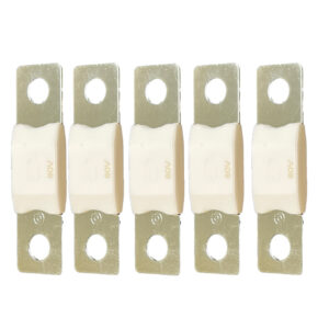 Five 80V electrical fuses in a row.