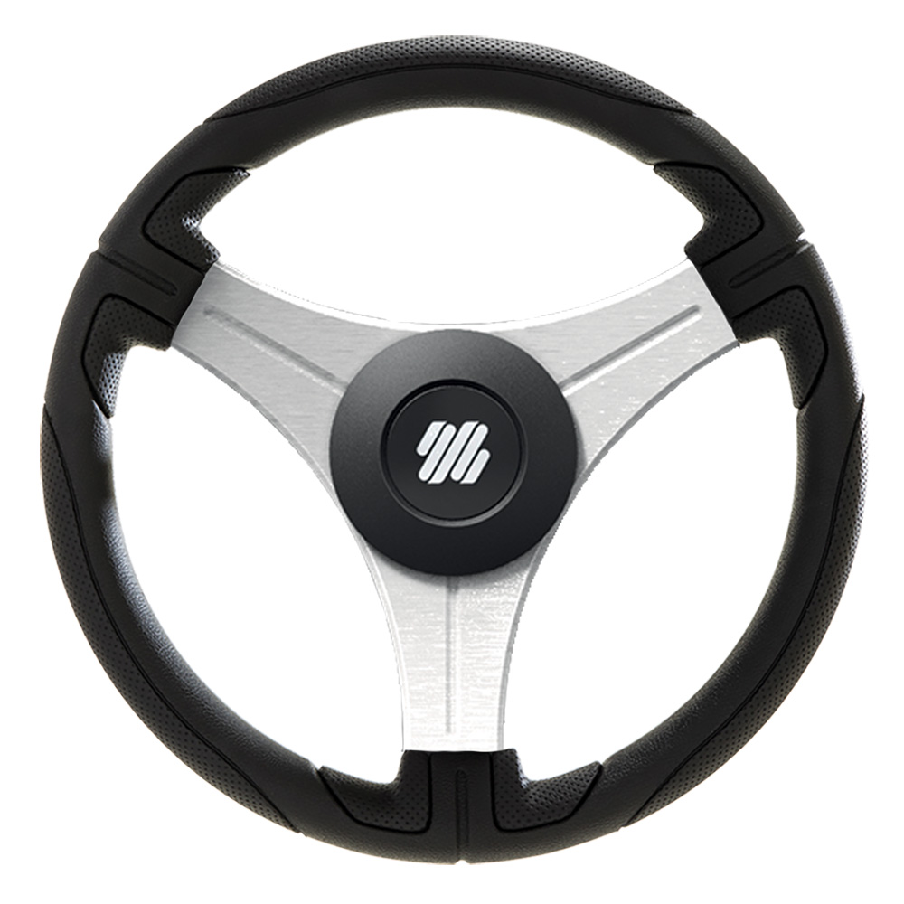 Modern black and silver car steering wheel