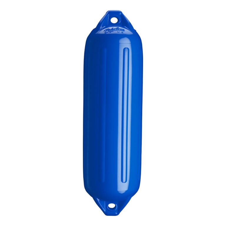 Blue boat fender with hole for securing.