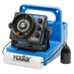 Vexilar FLX-18 fish finder device on blue bracket.