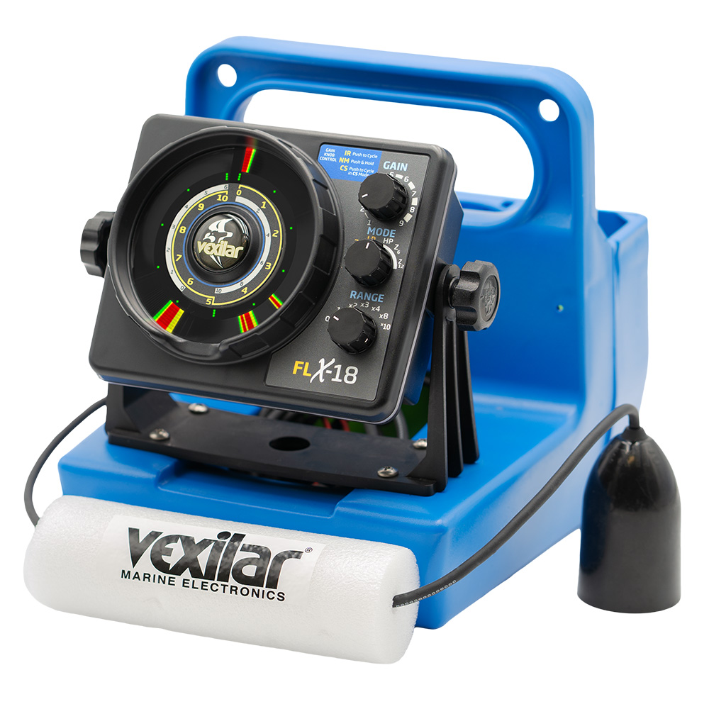 Vexilar FLX-18 fish finder device on blue bracket.