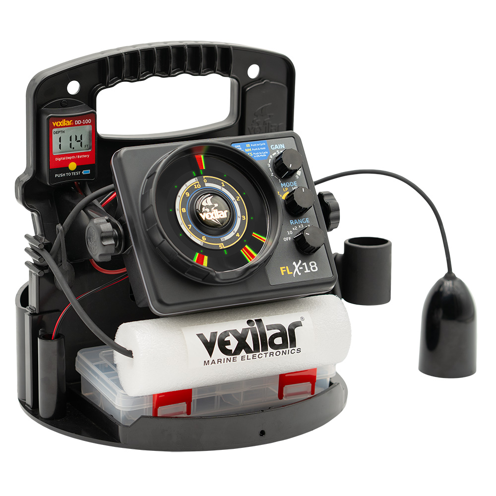 Vexilar FLX-18 fish finder with sonar transducer.