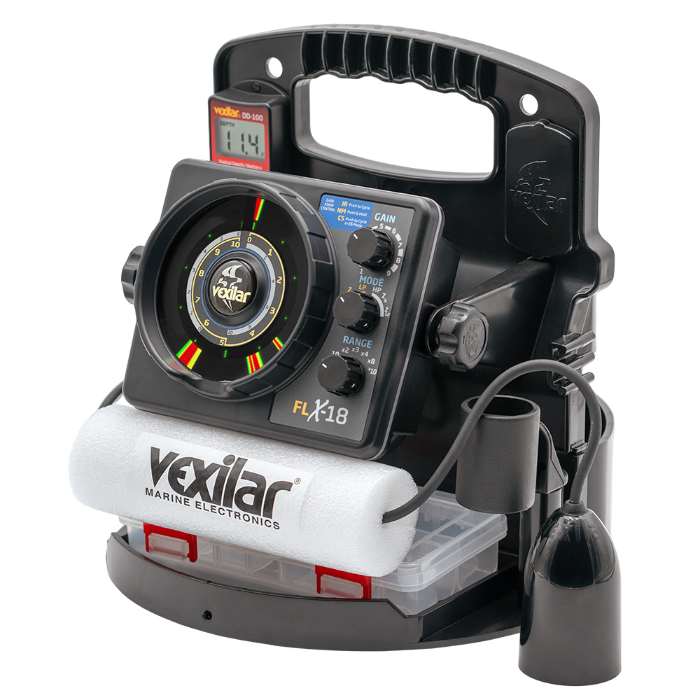 Vexilar sonar depth finder with display and controls.
