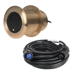 Bronze marine transducer and coiled cable with connectors.