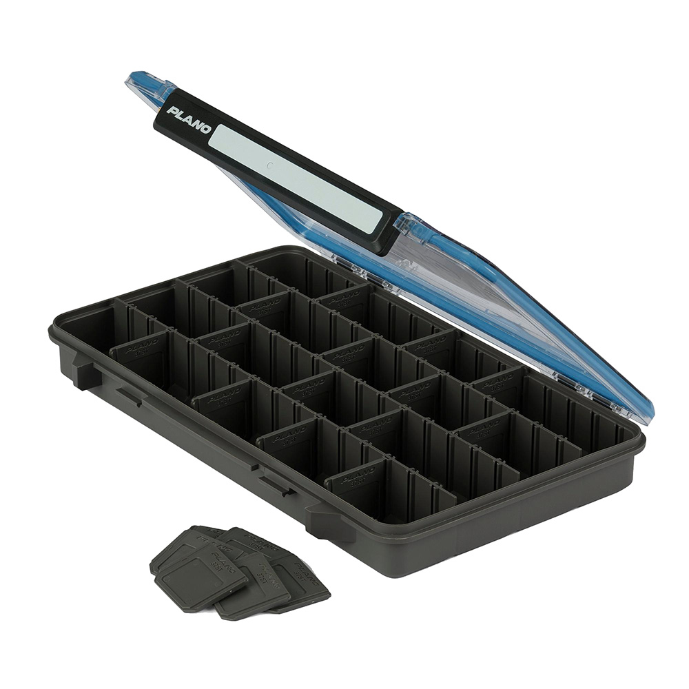 Open tackle box with multiple compartments and dividers.
