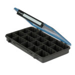 Plastic organizer box with adjustable compartments.
