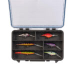 Tackle box with colorful fishing lures inside.
