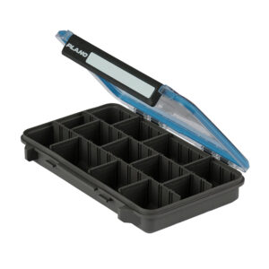 Plastic tackle box with multiple compartments open.