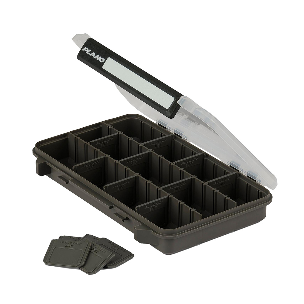 Plano storage box with dividers and clear lid.