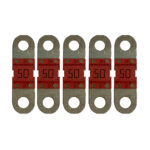 Five 50-amp automotive fuses in a row
