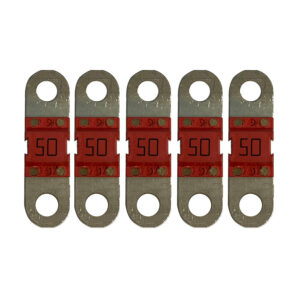 Five 50-amp automotive fuses in a row