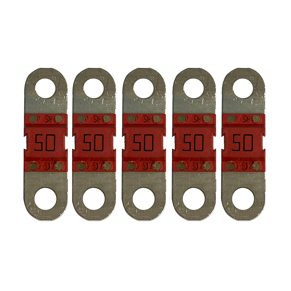 Five 50-amp automotive fuses in a row