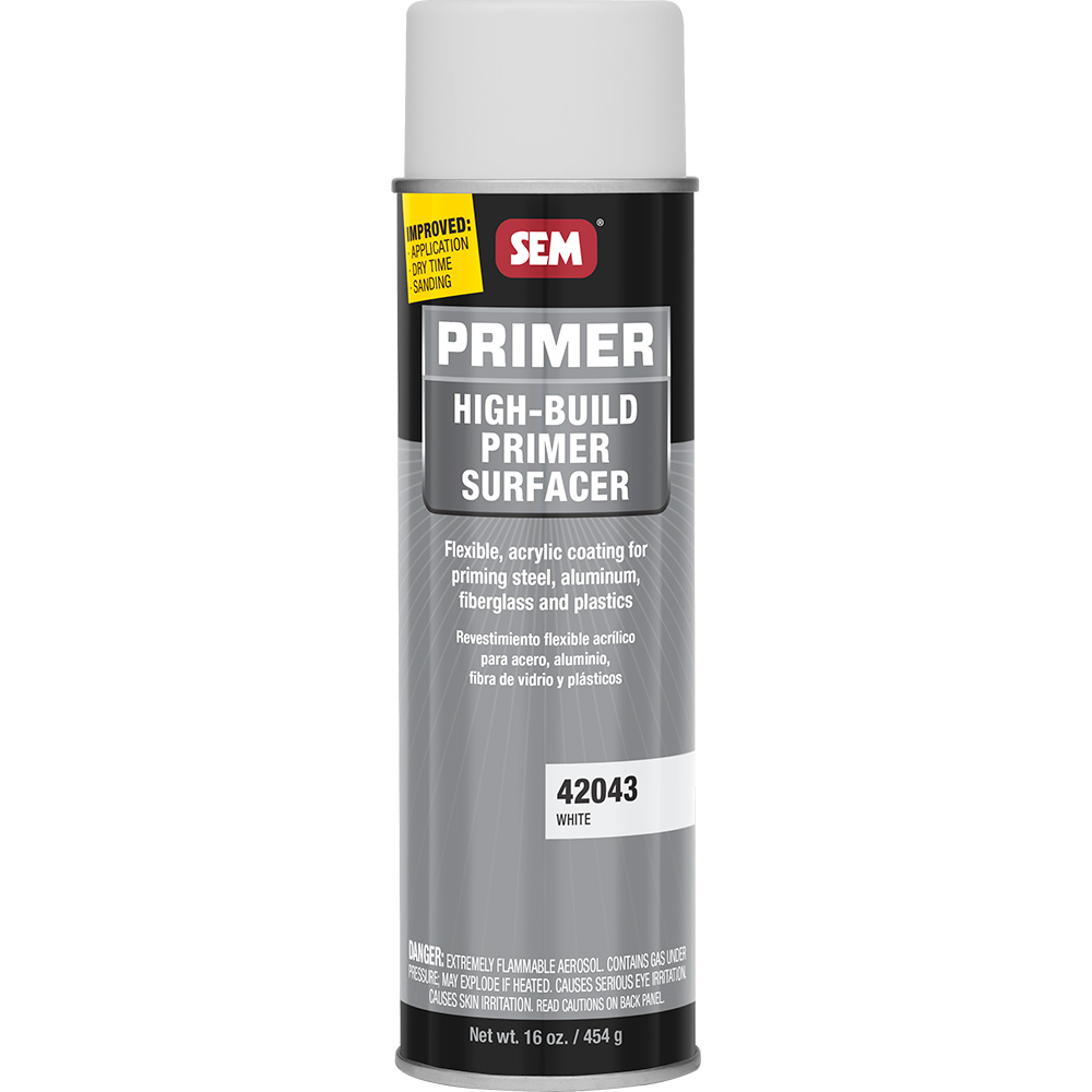 SEM High-Build Primer Surfacer, white spray can.