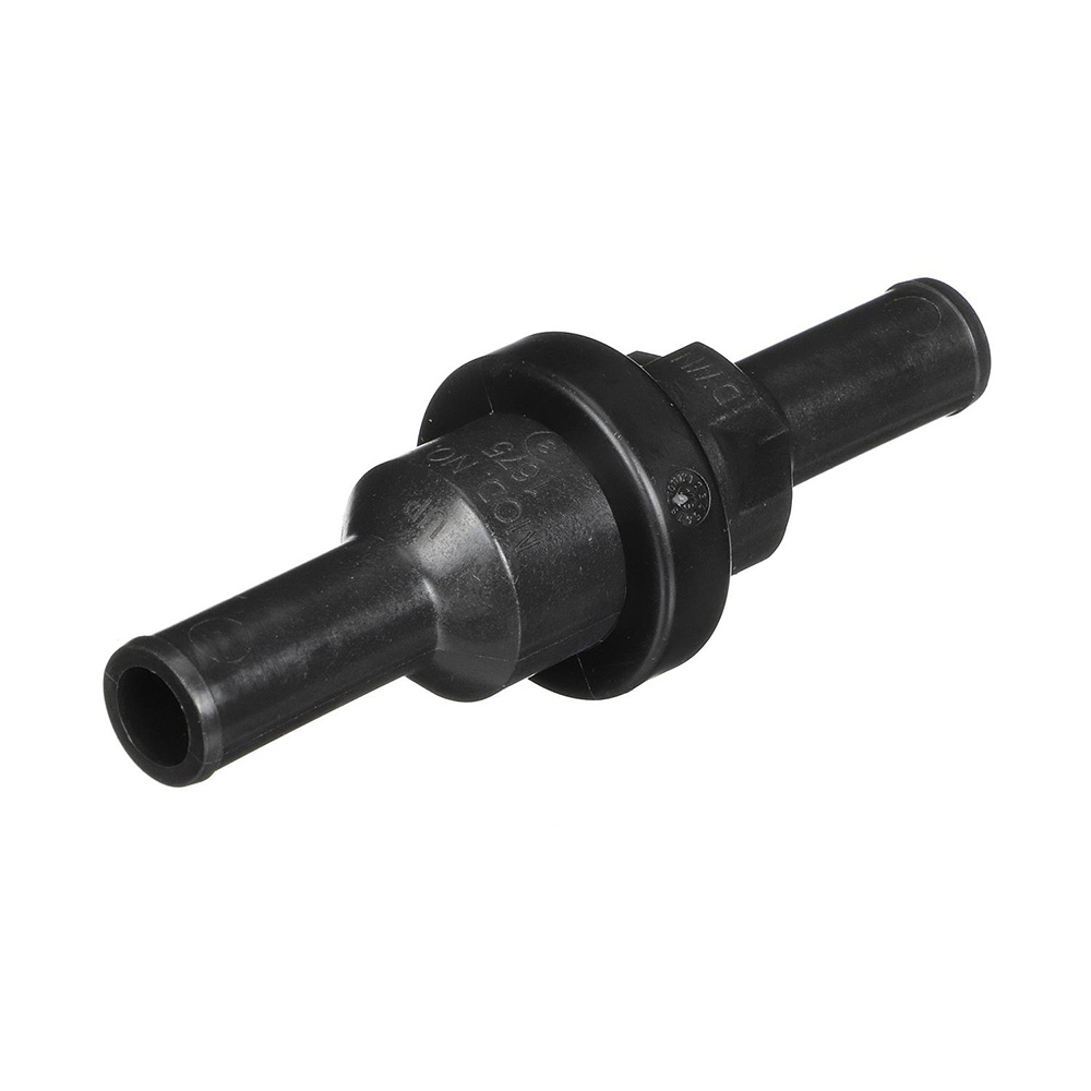 Black plastic inline valve for fluid systems.