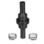 Black check valve with two hose clamps.