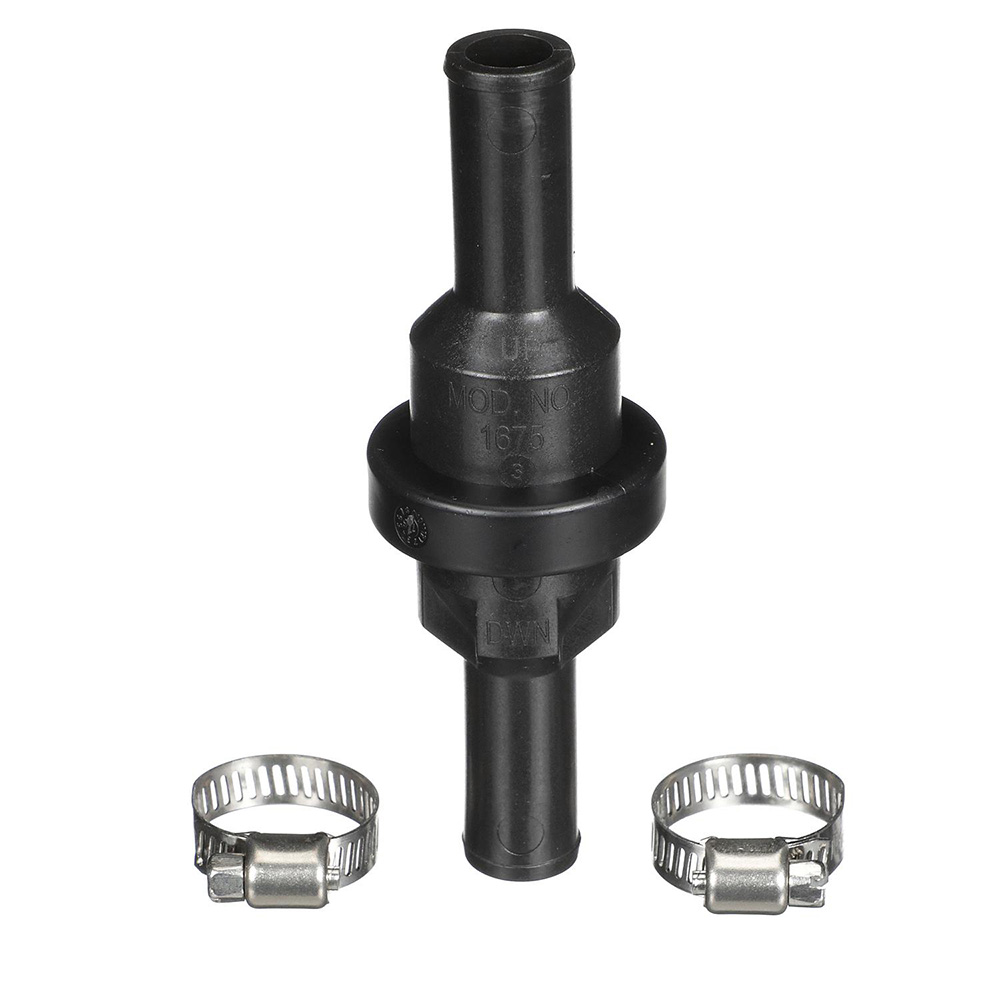 Black check valve with two hose clamps.