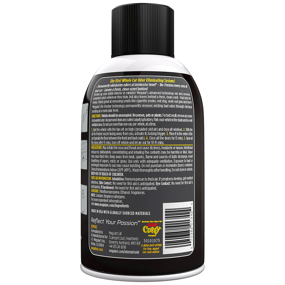 Car odor eliminator bottle with detailed instructions label.