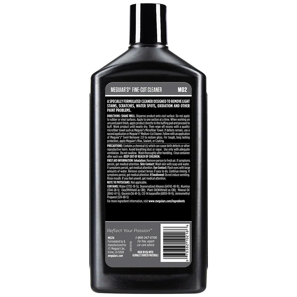 Meguiar's Fine-Cut Cleaner bottle with instructions label.