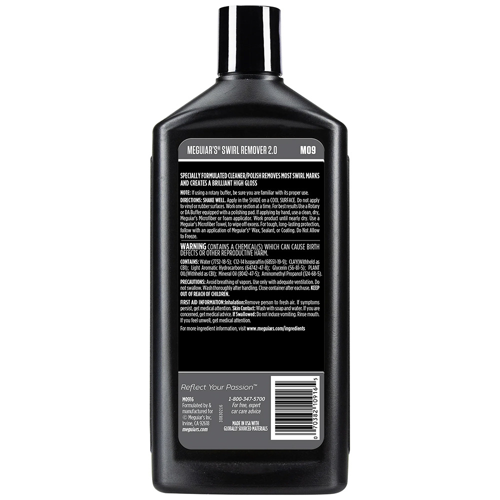 Meguiar's Swirl Remover 2.0 bottle back label view.