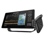 Fish finder with split-screen sonar and map display.