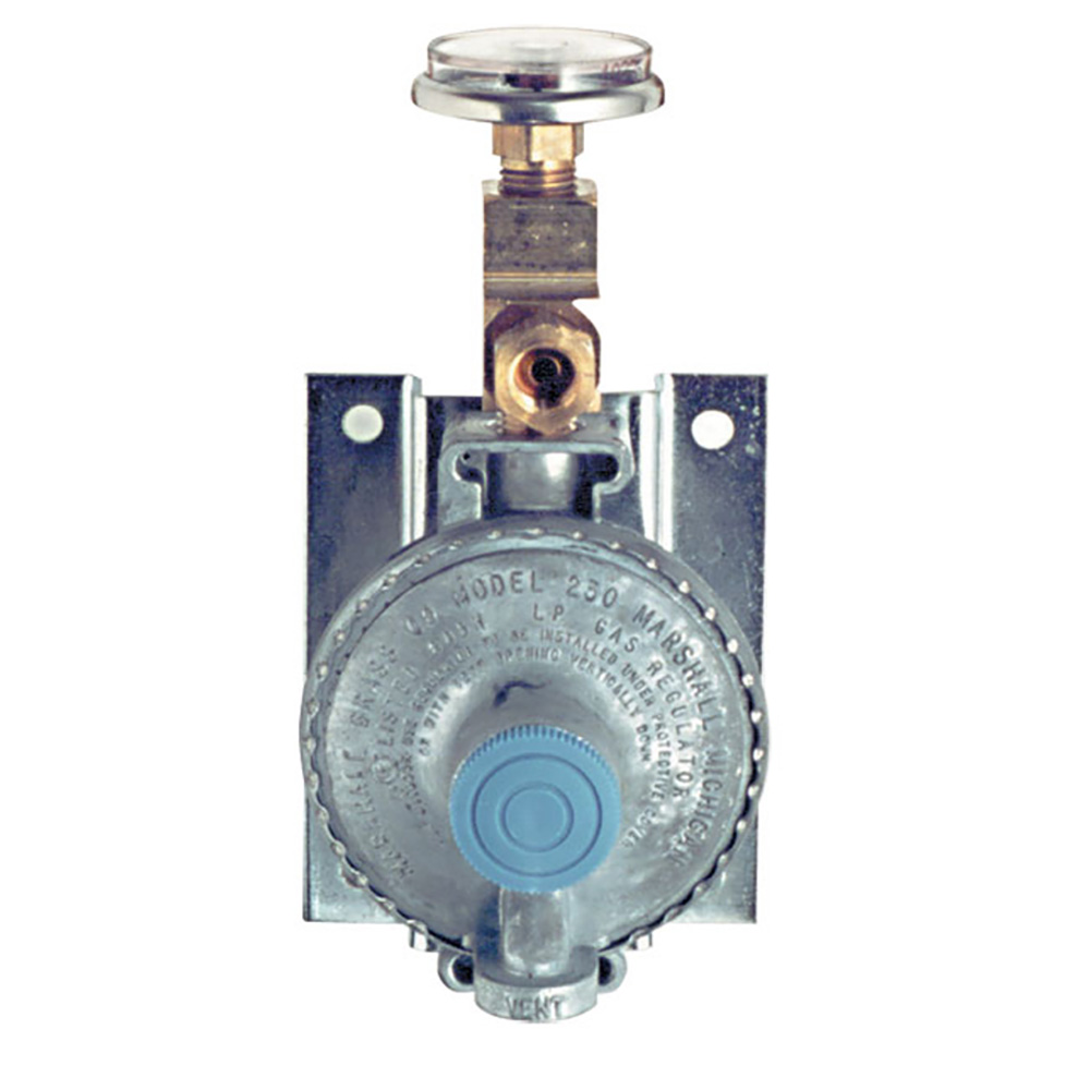 Propane gas regulator with pressure gauge.