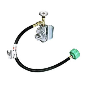Propane gas hose with regulator and green connector.