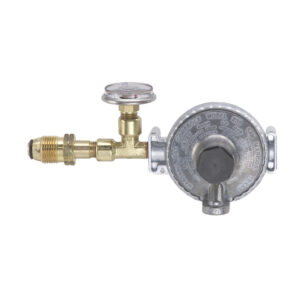 Gas regulator with pressure gauge.
