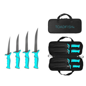 Set of fillet knives with teal handles and case.