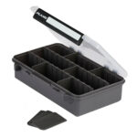 Plastic tackle box with removable dividers.
