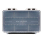 Clear plastic organizer box with multiple compartments.