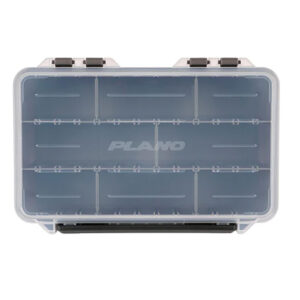 Clear plastic organizer box with multiple compartments.