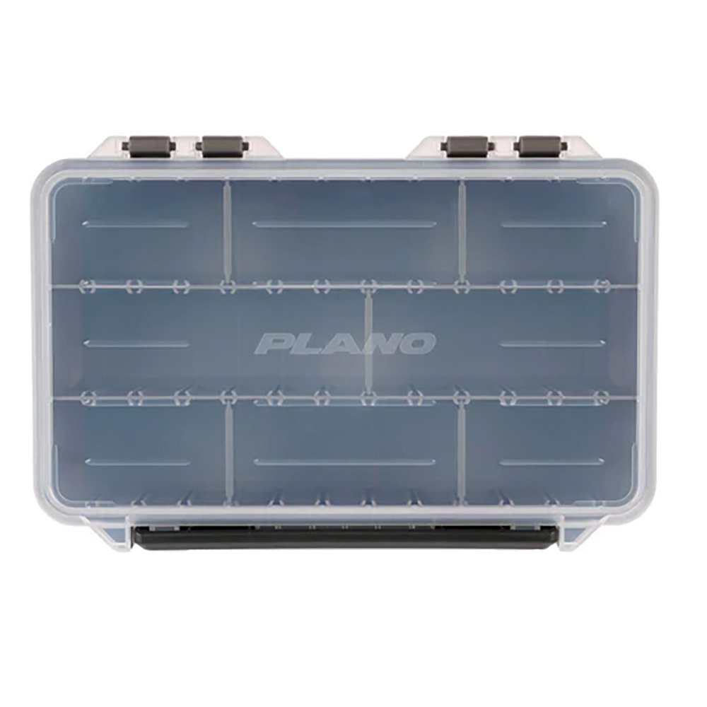 Clear plastic organizer box with multiple compartments.