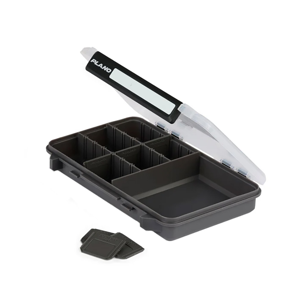 Open tackle storage box with compartments and dividers.