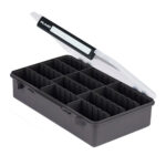 Plastic organizer box with multiple compartments.