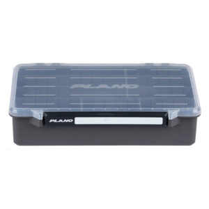 Clear plastic storage box with black base lid