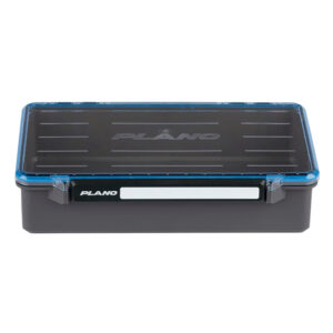 Plano transparent storage box with black lid.
