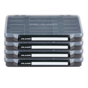 Stacked gray Plano plastic storage boxes