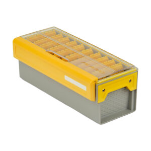 Yellow plastic storage box with transparent lid.