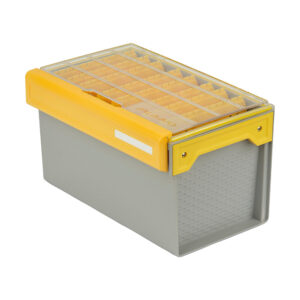 Gray and yellow storage container with lid