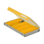 Yellow tackle storage box with transparent lid open