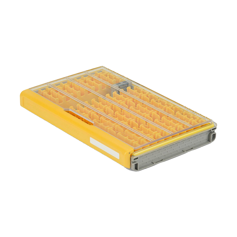 Yellow plastic organizer box with compartments.