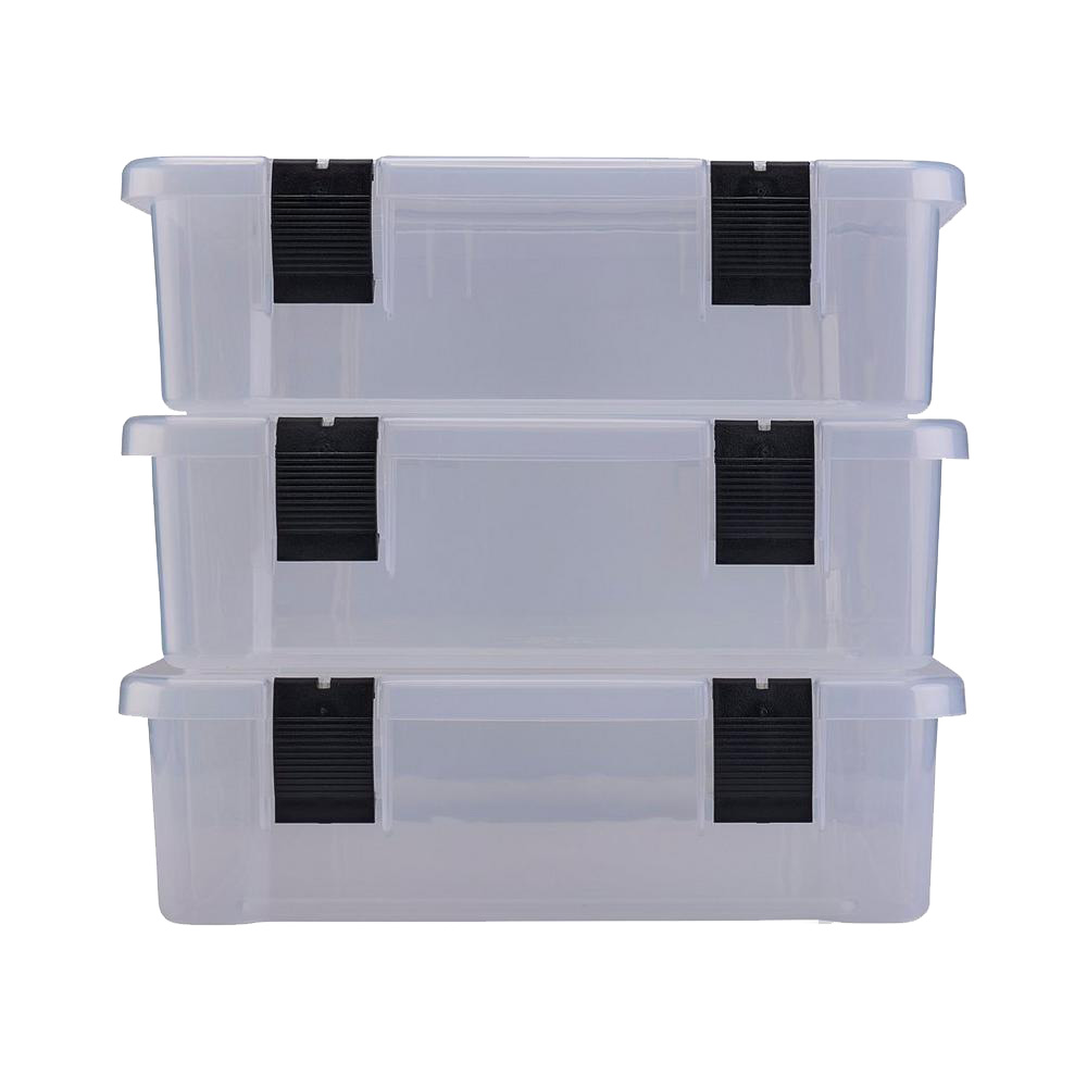 Stack of clear plastic storage boxes with lids.