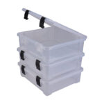 Three stacked clear plastic storage boxes with lids.
